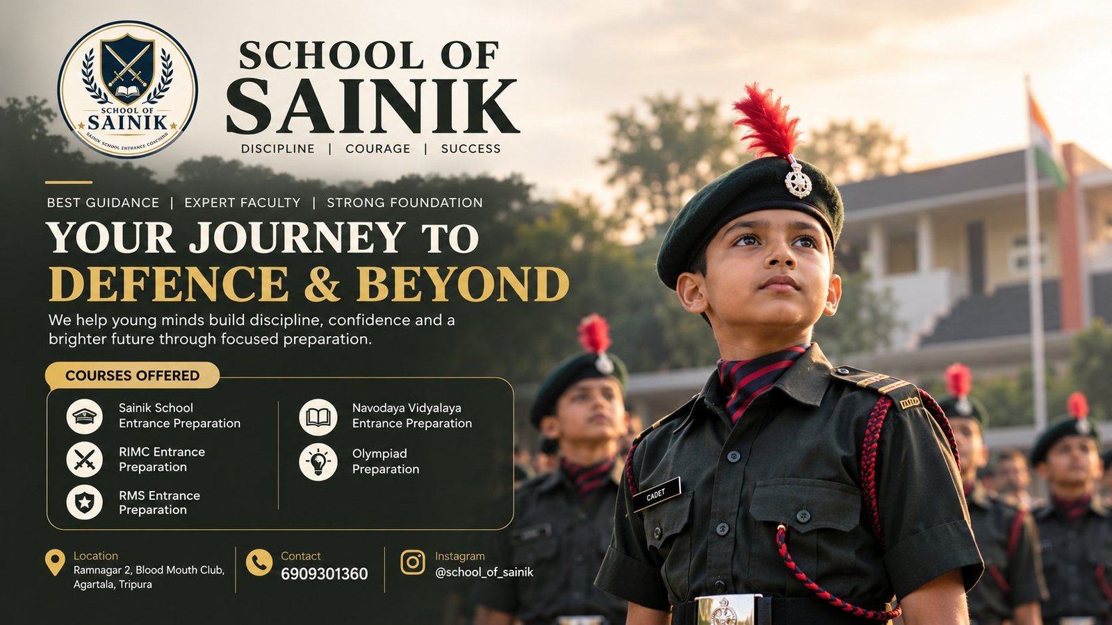 School of Sainik — Your Journey to Defence & Beyond. Courses: Sainik School, RIMC, RMS, Navodaya Vidyalaya entrance and Olympiad preparation. Ramnagar 2, Blood Mouth Club, Agartala. Call 6909301360.